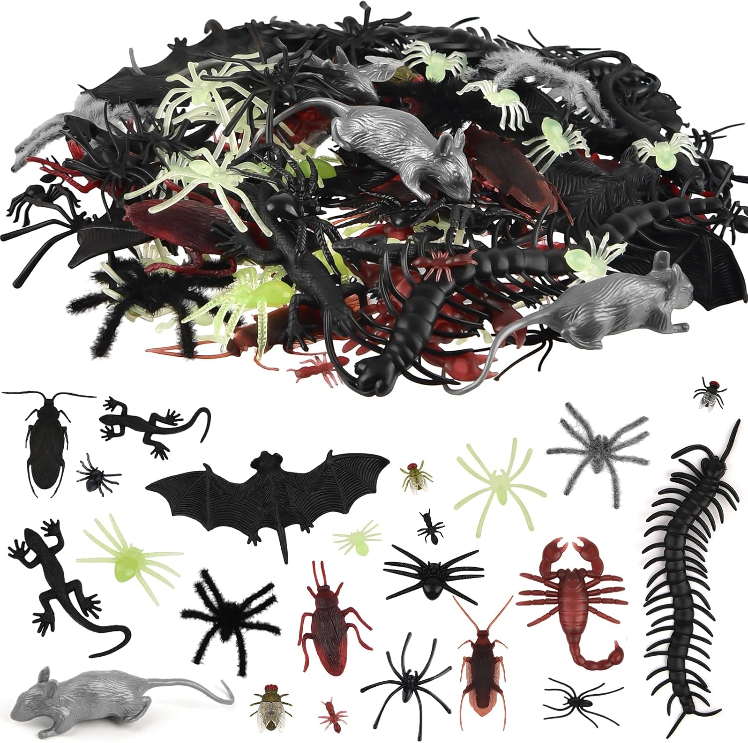 150 piece set of realistic plastic bugs including spiders, cockroaches, centipedes, scorpions, rats, bats and glow-in-the-dark spiders for Halloween pranks and decorating