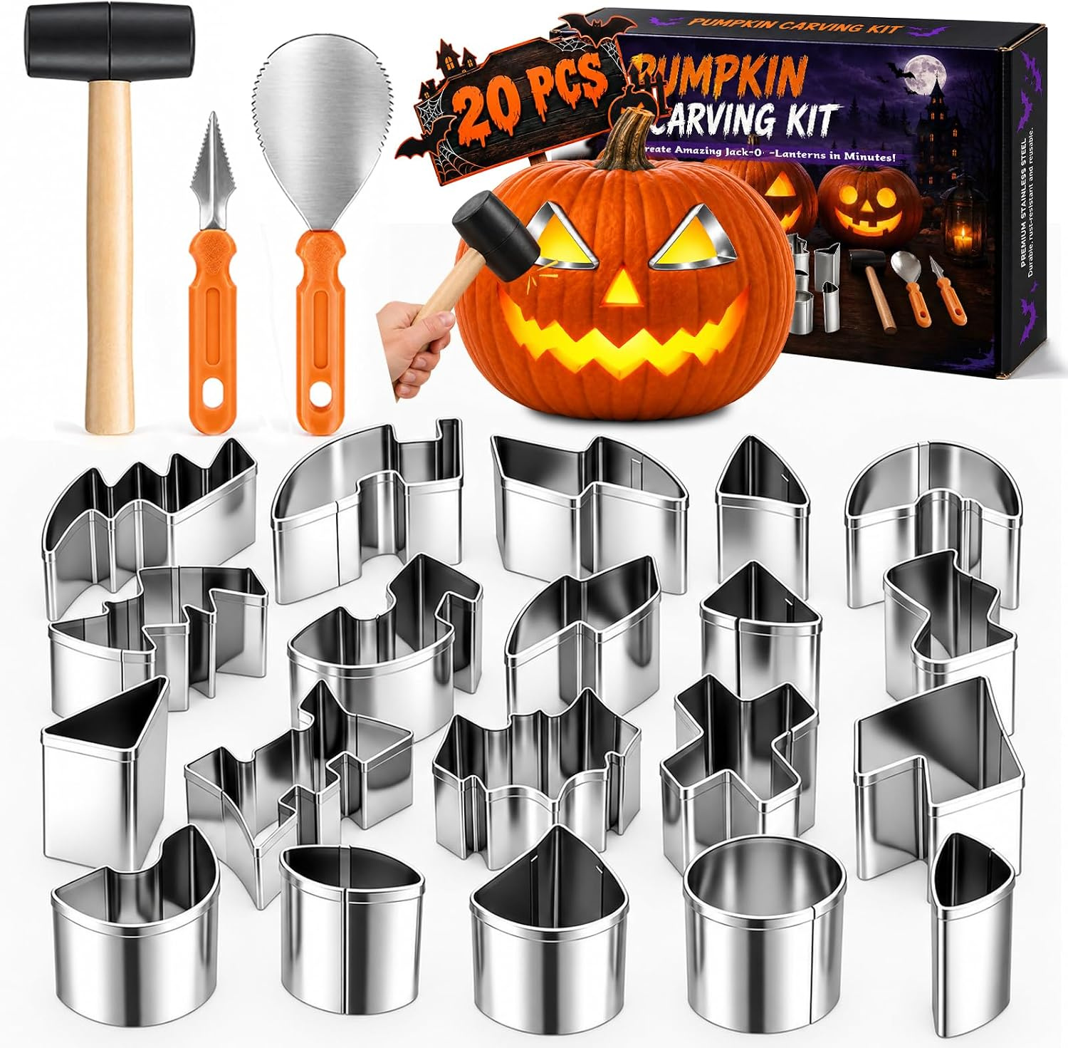 Pumpkin carving kit with stainless steel tools and metal stencils