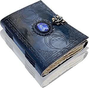 Black leather triple-moon journal with a lapis lazuli stone clasp and deckle-edge parchment pages