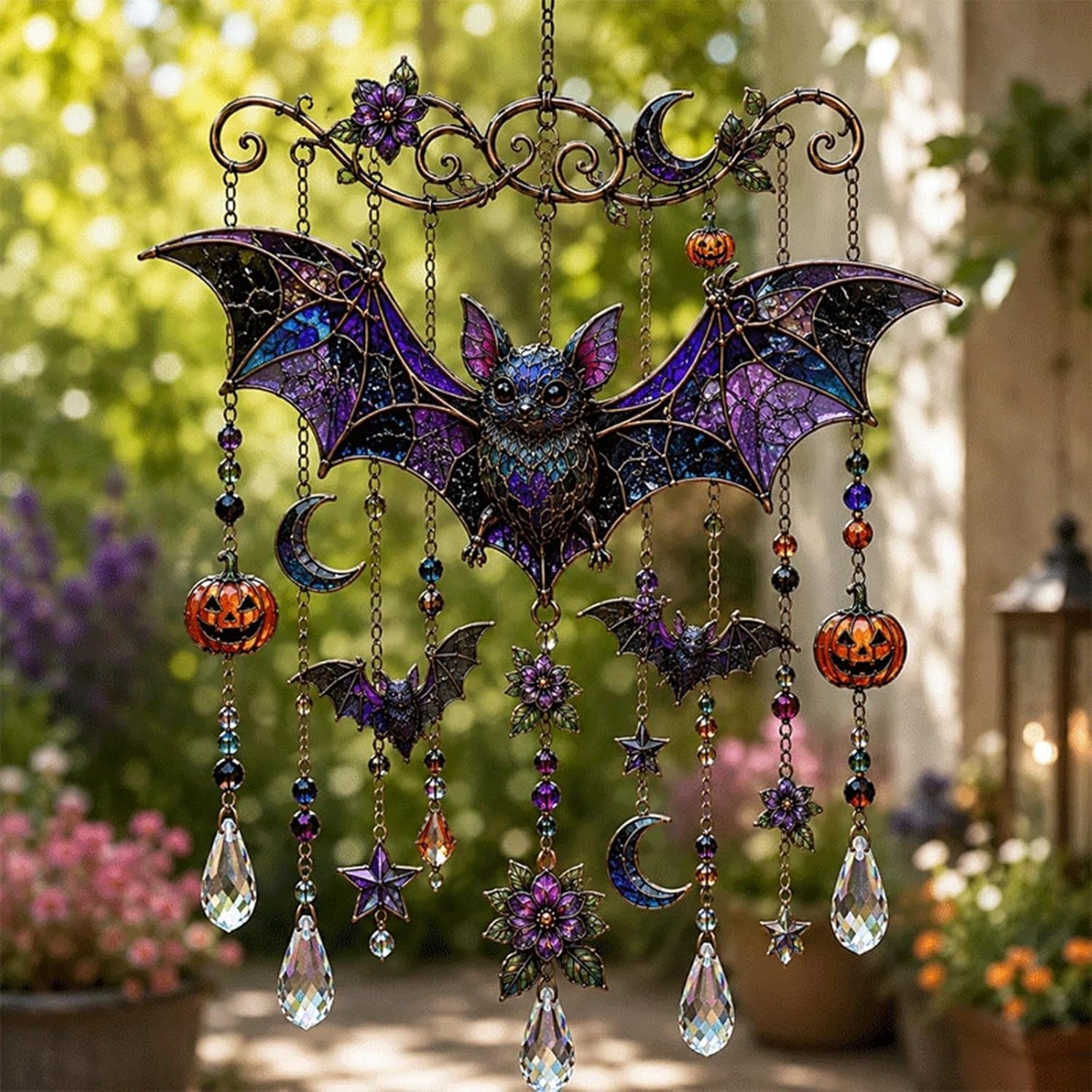 Halloween crystal wind chime with a stained-glass style purple bat, moons, pumpkins and flowers, with hanging crystal drops and smaller bat charms