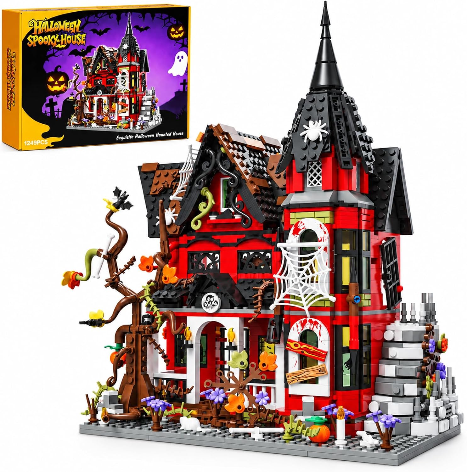 1249 piece red and black Victorian haunted mansion building block set with a spired tower, spiderwebs, blood-splattered windows and a graveyard