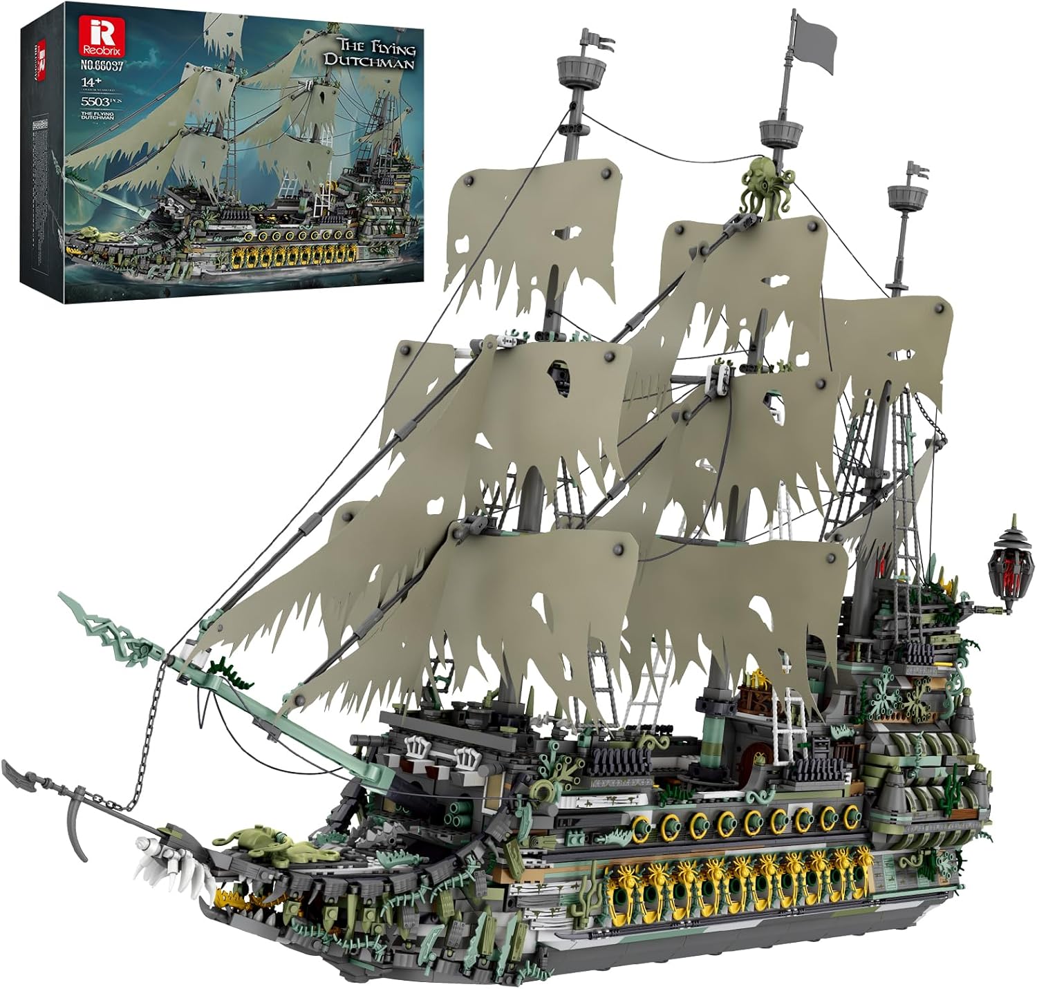 Large weathered ghost pirate ship building block model with tattered sails, a barnacle-covered hull, skeletal carvings and a kraken wrapped around the mast