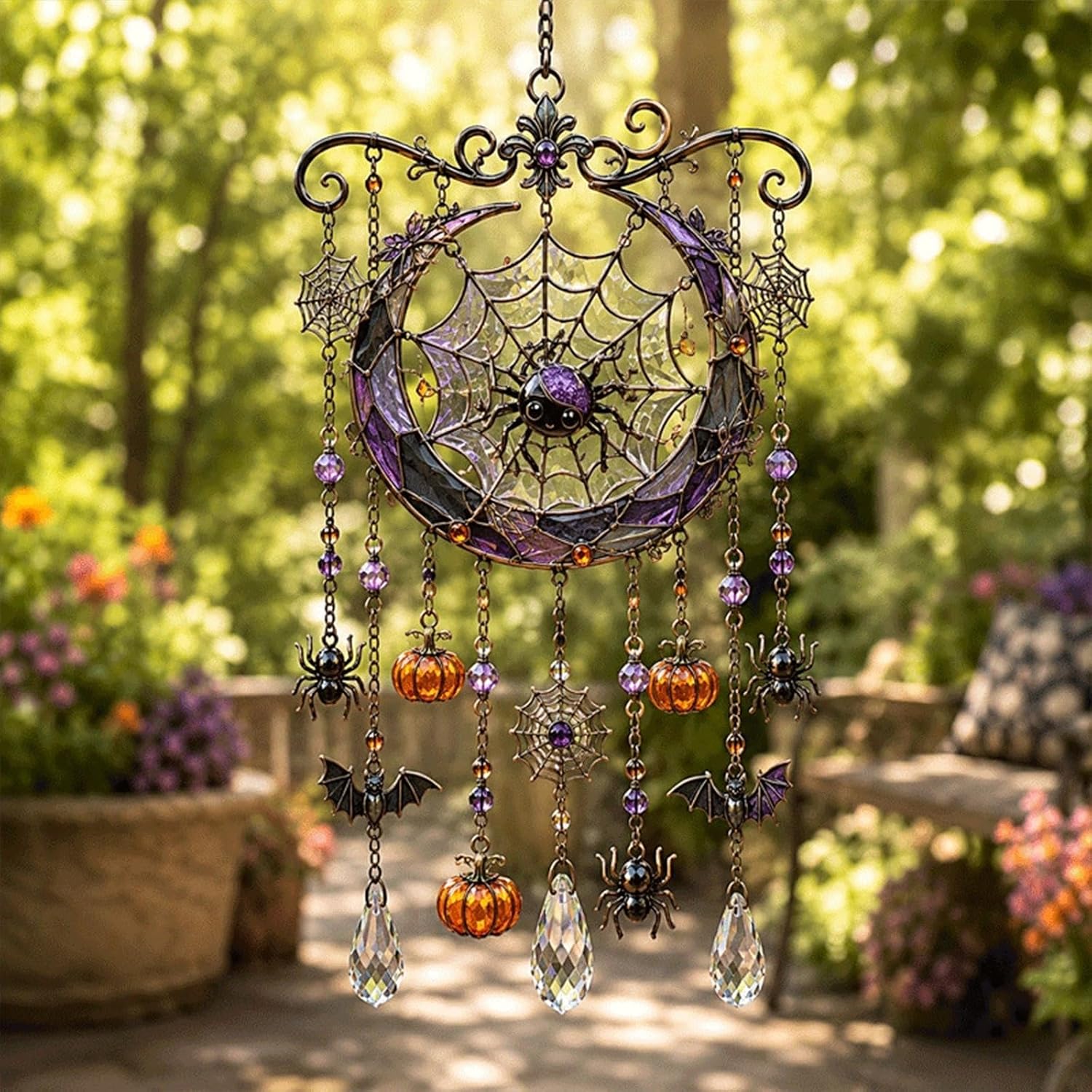 Halloween crystal wind chime with a stained-glass crescent moon, spiderweb and a cute purple spider, hung with dangling bats, pumpkins, spiders and crystal drops