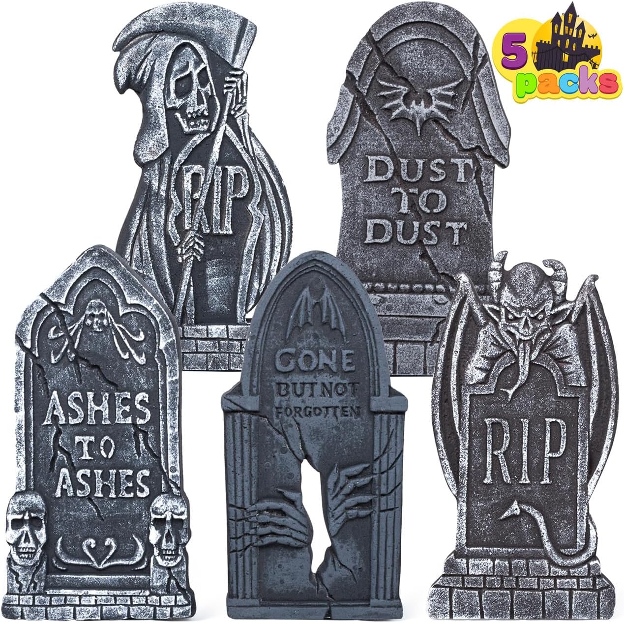 Five-pack of foam Halloween graveyard tombstones with epitaphs like RIP and Dust to Dust