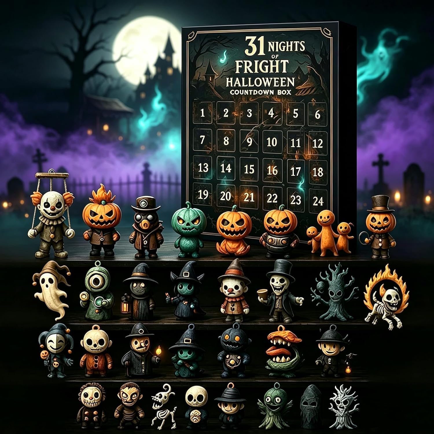 31 Nights of Fright Halloween countdown box with 31 numbered doors and an assortment of spooky mini figurines including pumpkin heads, ghosts, witches and skeletons