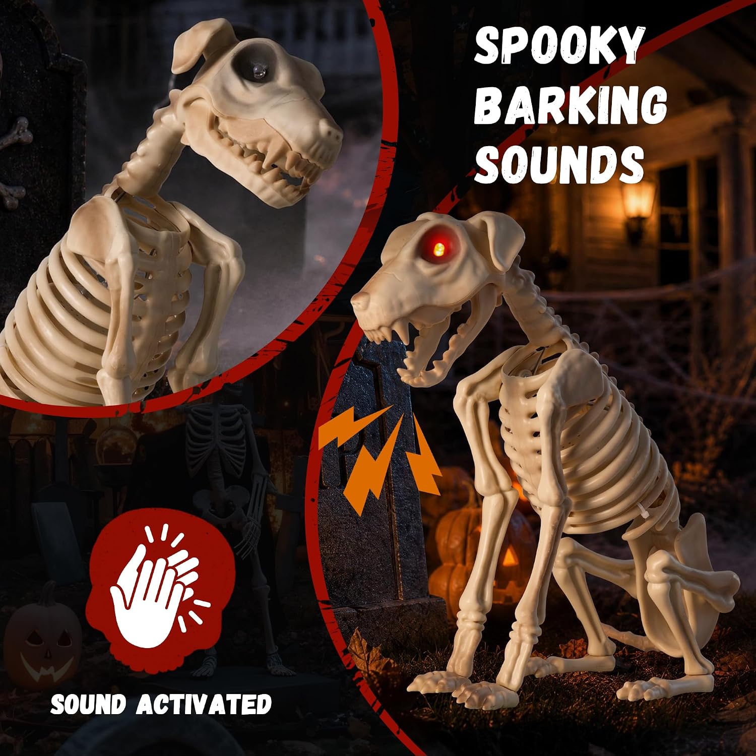 Sound-activated skeleton dog Halloween decoration with glowing red eyes