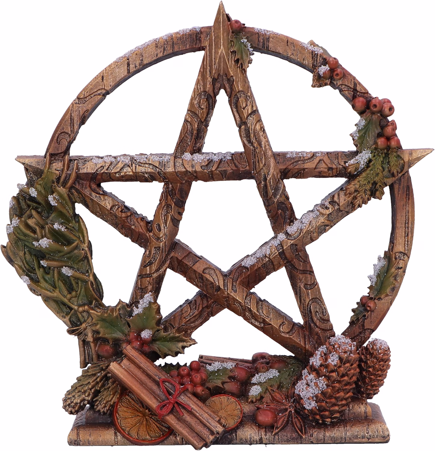 Nemesis Now gold and red resin pentagram figurine, dressed with pinecones, berries, and winter foliage