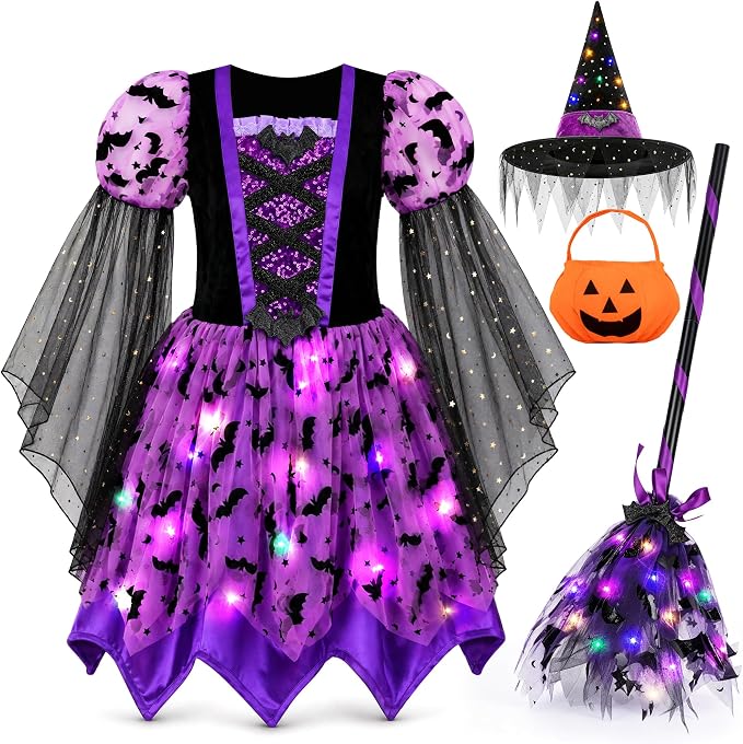 Light-up girls' witch costume dress with bat print, sequin bodice, and a matching witch hat, pumpkin candy bag, and broomstick