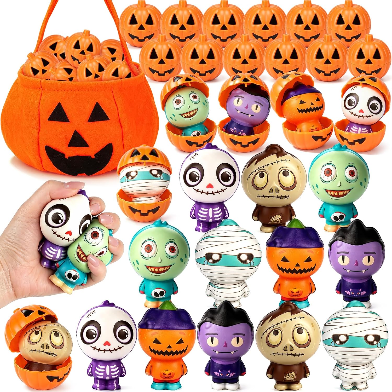 Set of 12 slow-rising squishy Halloween toys shaped like pumpkin shells opening to reveal zombie, vampire, mummy and skeleton characters, with a felt pumpkin trick-or-treat bag