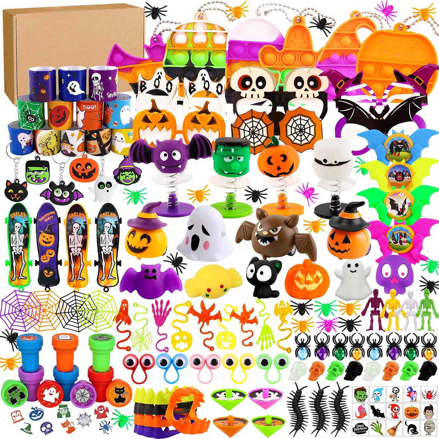 207 piece Halloween party bag filler set with pop-it keychains, glasses, finger skateboards, spinning tops, stampers, bouncy figures, spider rings and tattoos