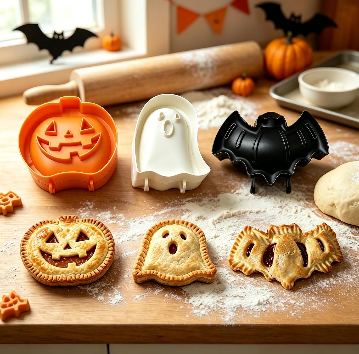 Set of three Halloween hand pie moulds shaped like a pumpkin, a ghost and a bat, with finished pastry hand pies baked in each shape