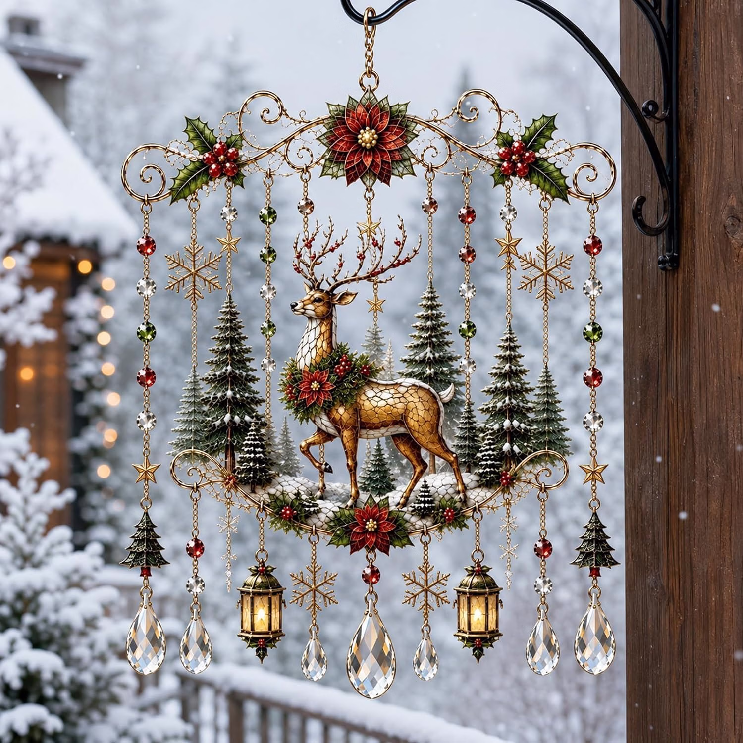 Handmade stained glass Christmas window hanging suncatcher, a stag among snow-dusted trees with hanging crystal drops and lanterns