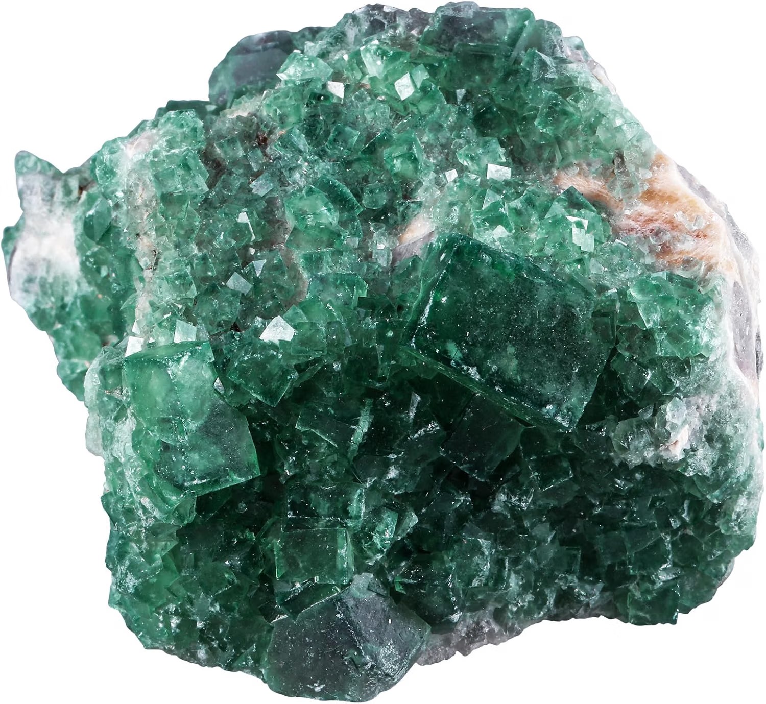 Raw green fluorite crystal cluster with sharp cubic crystal faces