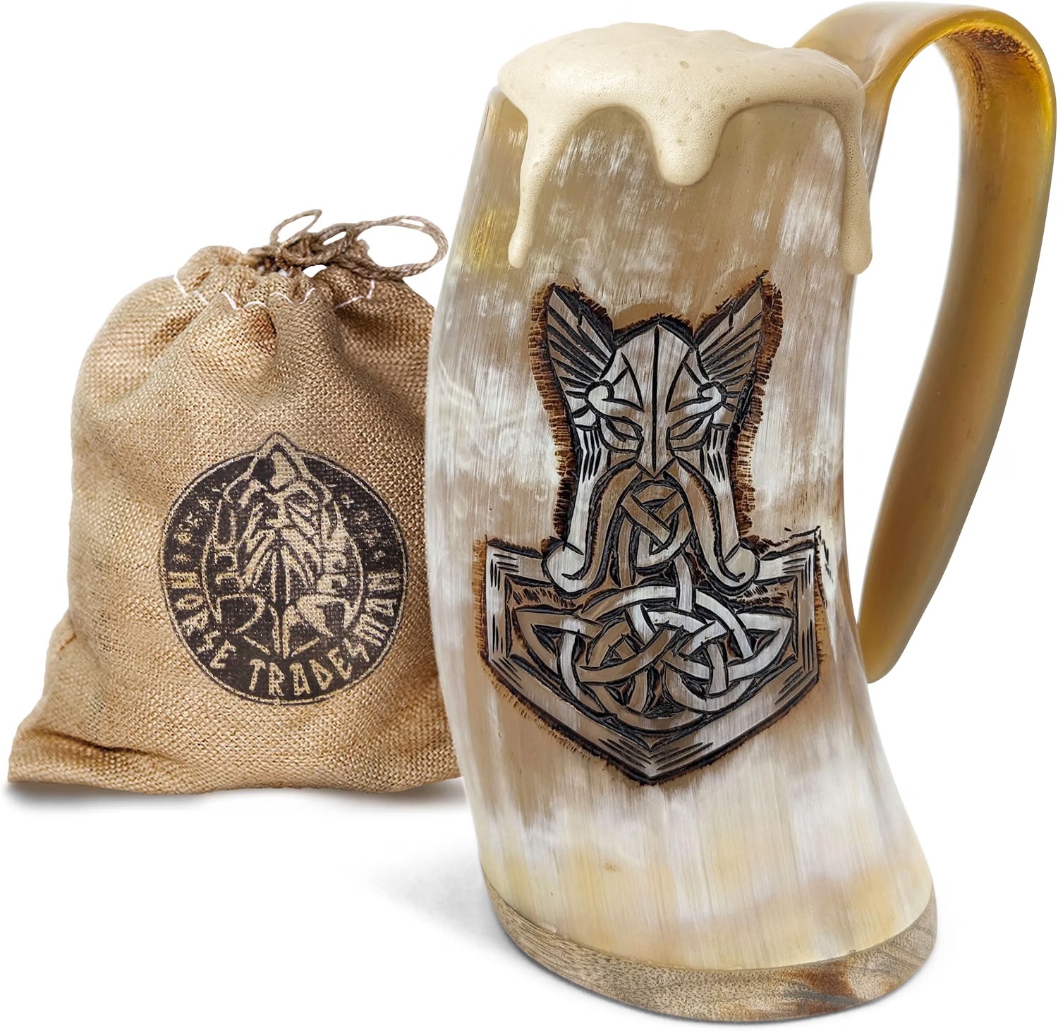 Genuine ox-horn tankard hand-engraved with Mjolnir, Thor's hammer, wound in Celtic knotwork