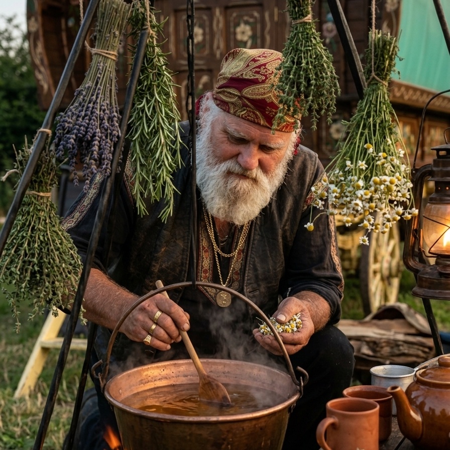 An old bearded caravan-dweller in a paisley bandana, stirring a copper pot over an open fire beneath bundles of hanging herbs and a glowing lantern