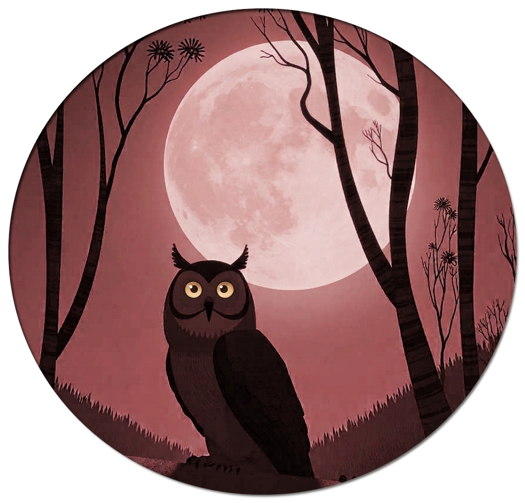 An owl perched beneath a full moon in a night forest