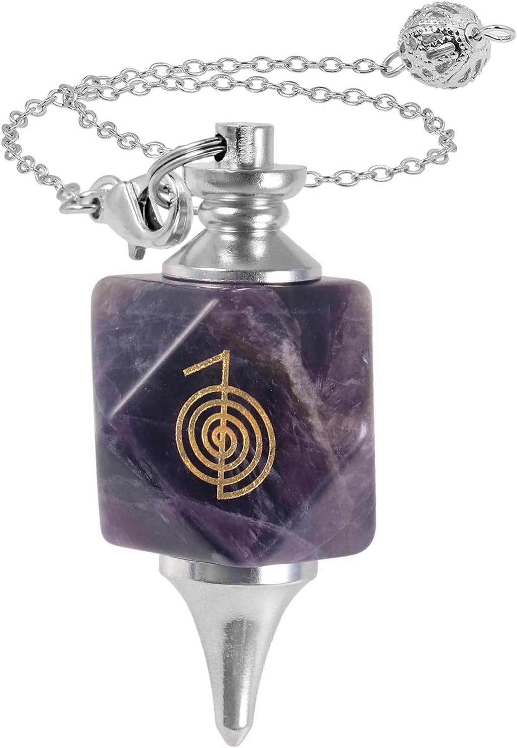 Faceted purple amethyst pendulum engraved with a gold Cho Ku Rei Reiki spiral, set in silver-tone fittings with a pointed tip, on a silver chain with a filigree bead