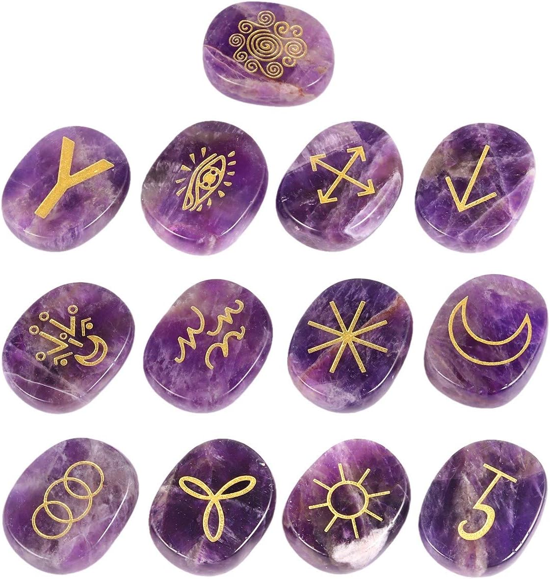 Thirteen polished purple amethyst palm stones, each engraved in gold with a witches' rune symbol such as the sun, crescent moon, eye, star, rings and waves