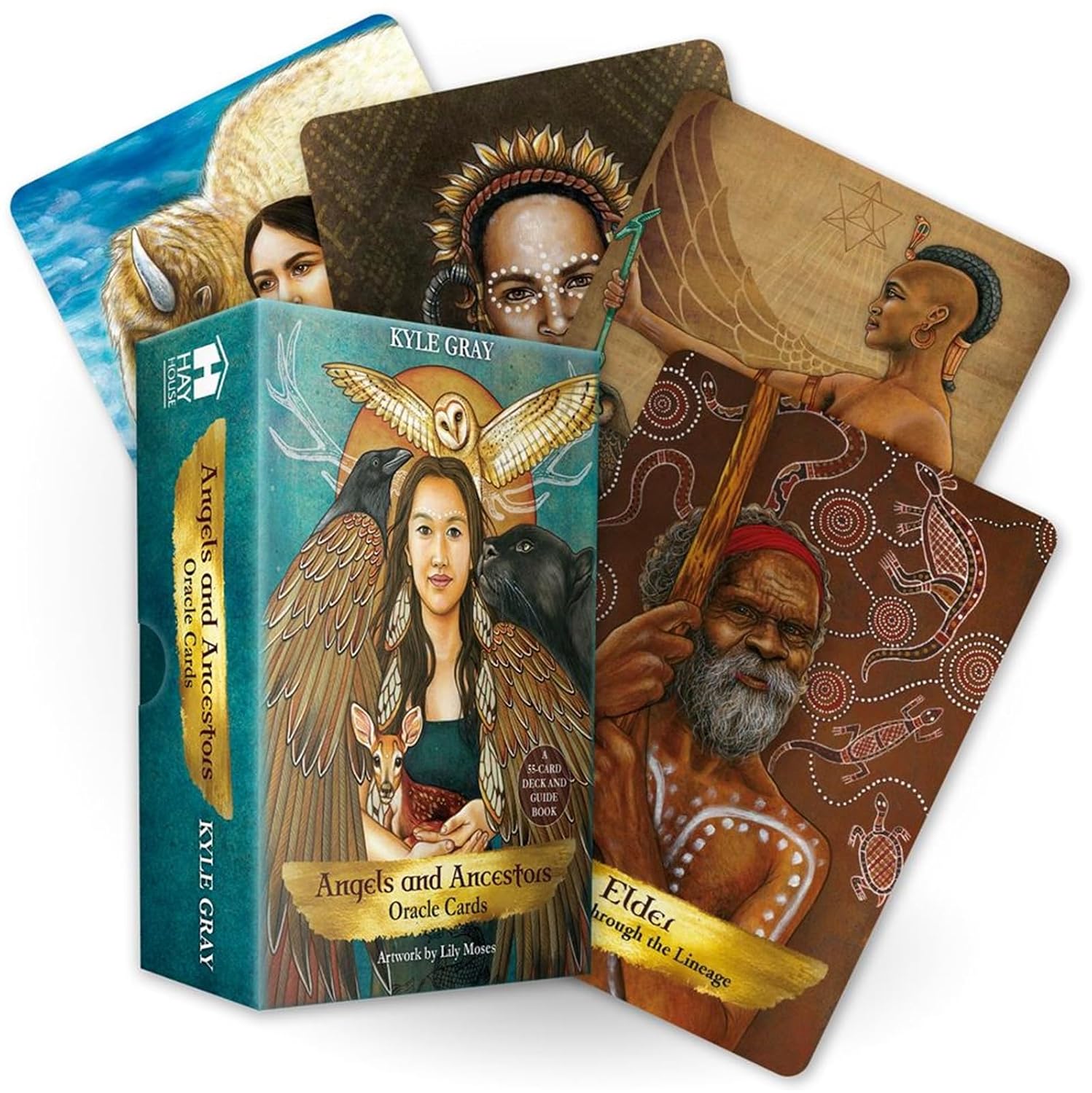Angels and Ancestors oracle box showing a winged woman beneath an owl, with cards fanned behind
