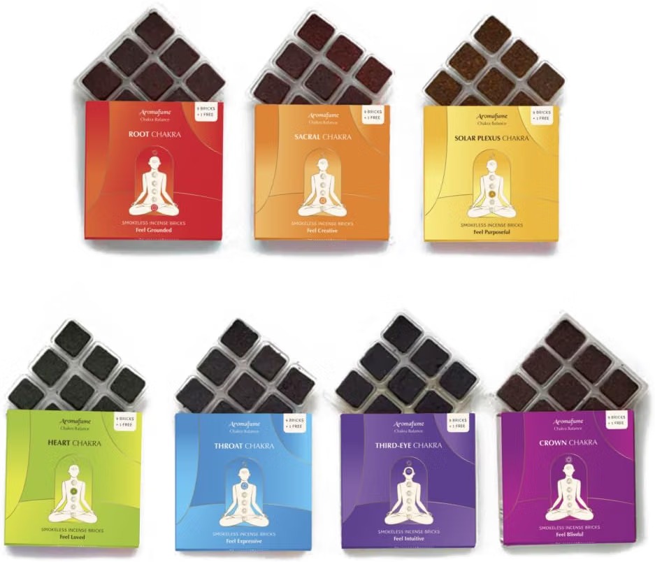 Aromafume 7 Chakra smokeless incense brick set, seven colour-coded boxes of aromatic bricks for each chakra