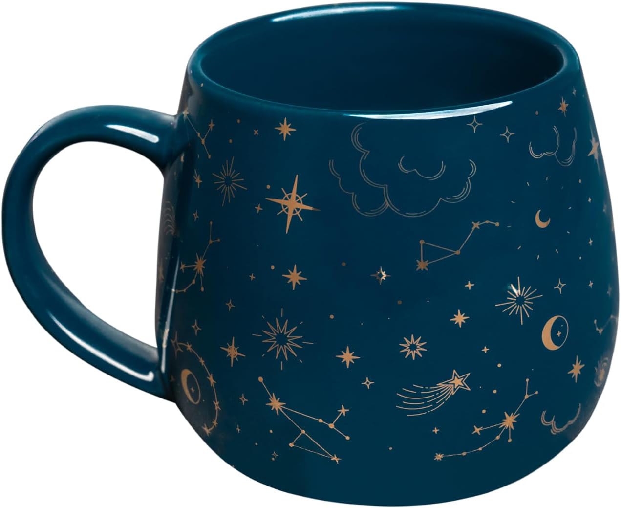 Rounded navy ceramic mug decorated with gold stars, moons and constellations