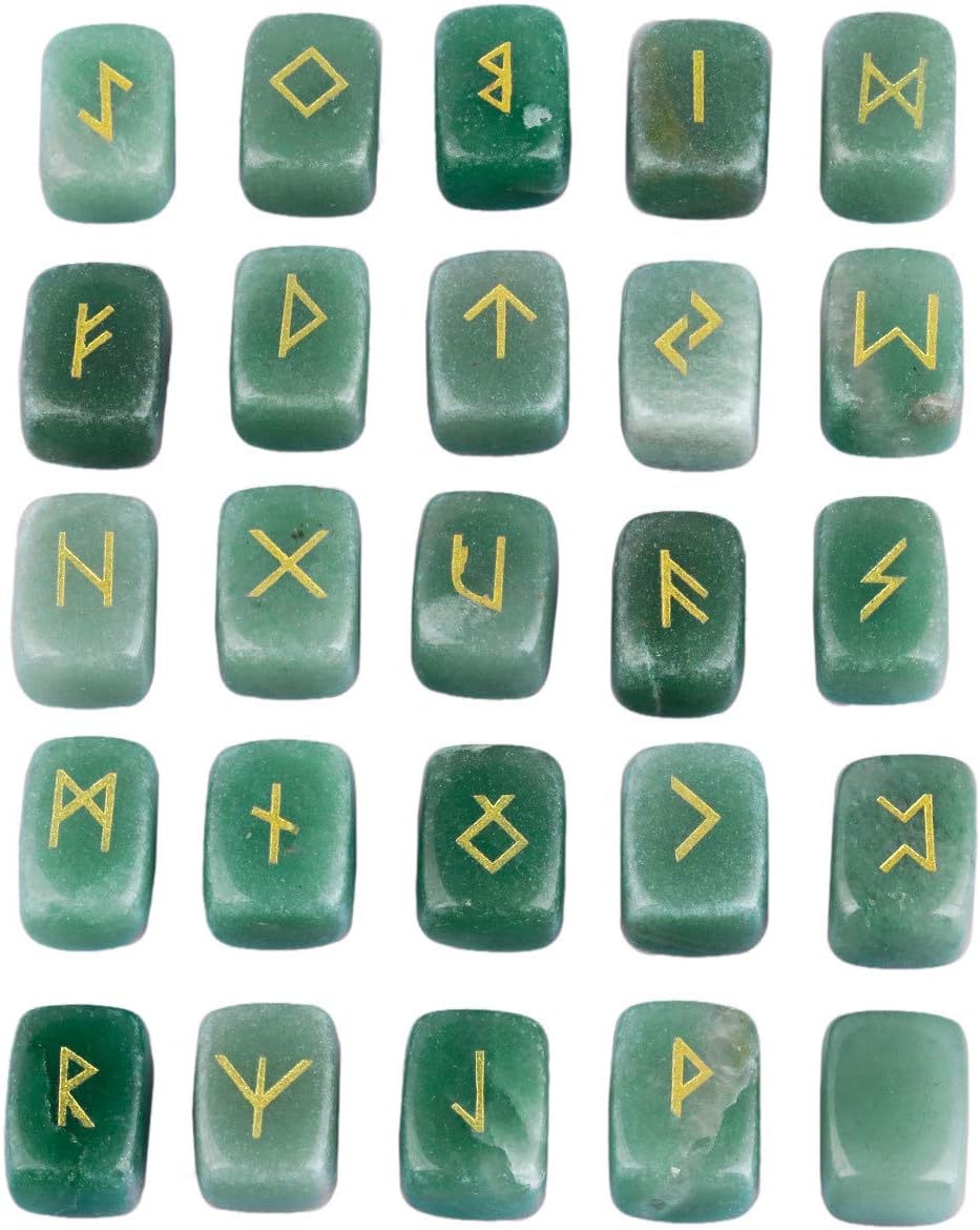 Twenty-five polished green aventurine rune stones laid out in rows, each engraved with a gold Elder Futhark rune, plus one blank stone