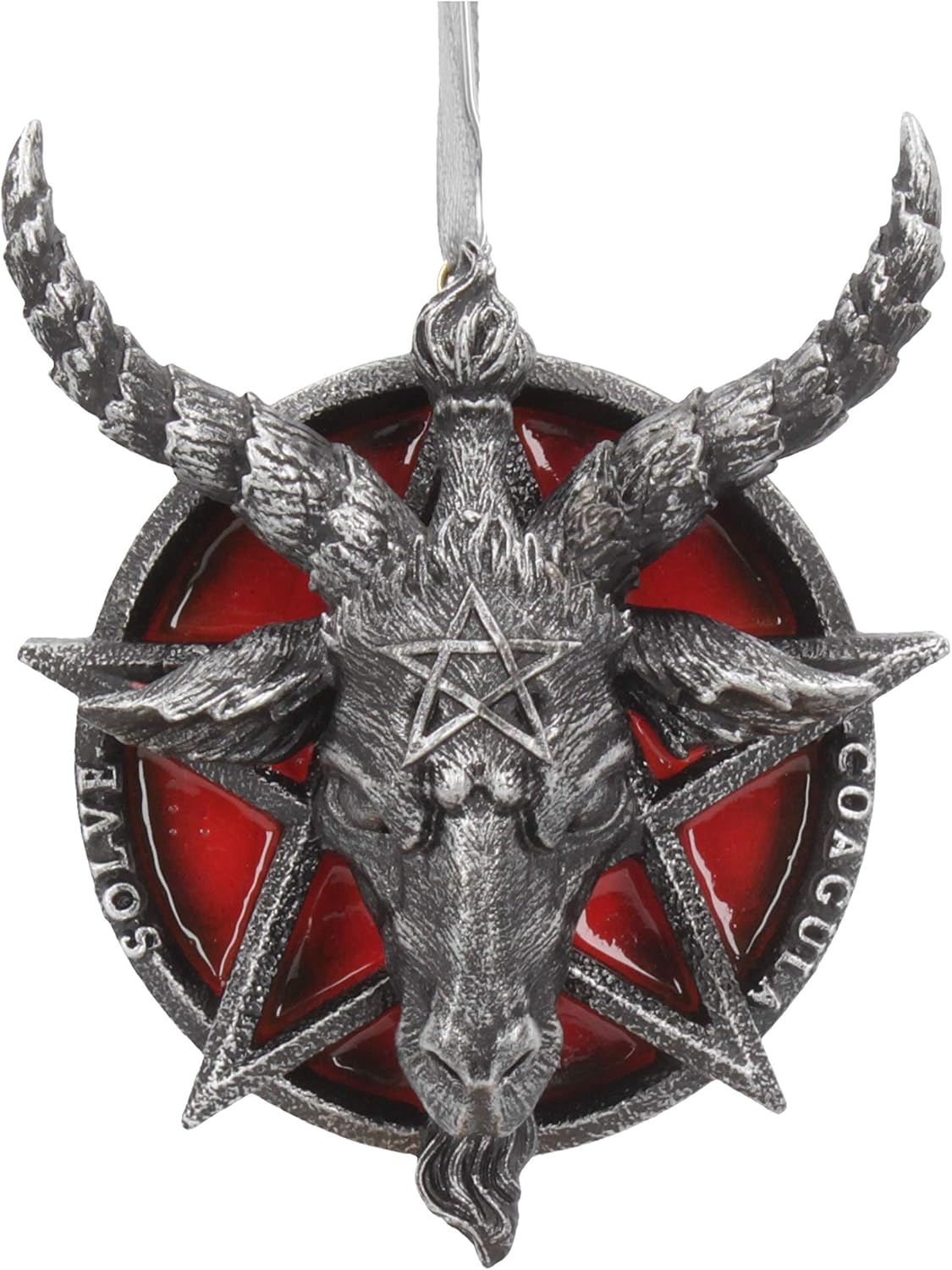 Nemesis Now resin hanging ornament of a horned Baphomet head over a silver pentagram on a deep red disc