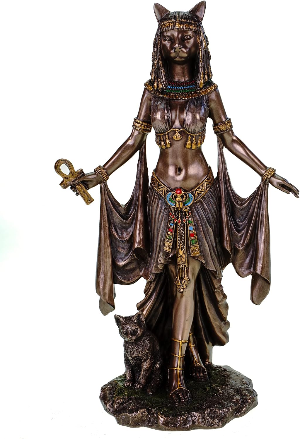 Bronze-finish figurine of the Egyptian cat goddess Bastet, cat-headed with a gold-painted headdress and jewelled collar, holding an ankh, with a small cat seated at her feet