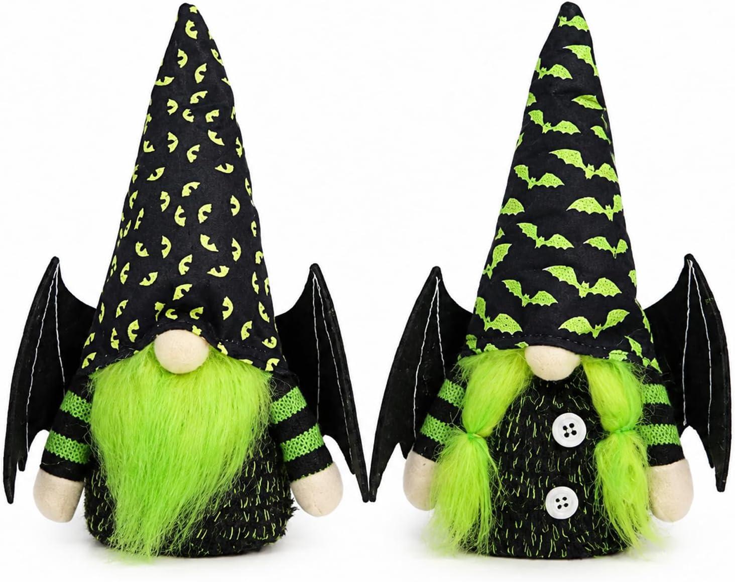 Two faceless gonk gnomes in bat-print hats with black bat wings and green fur beards