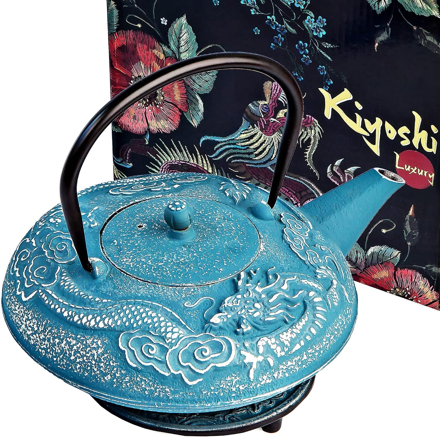 Wide turquoise-blue cast iron teapot with a raised dragon and cloud pattern and a black handle