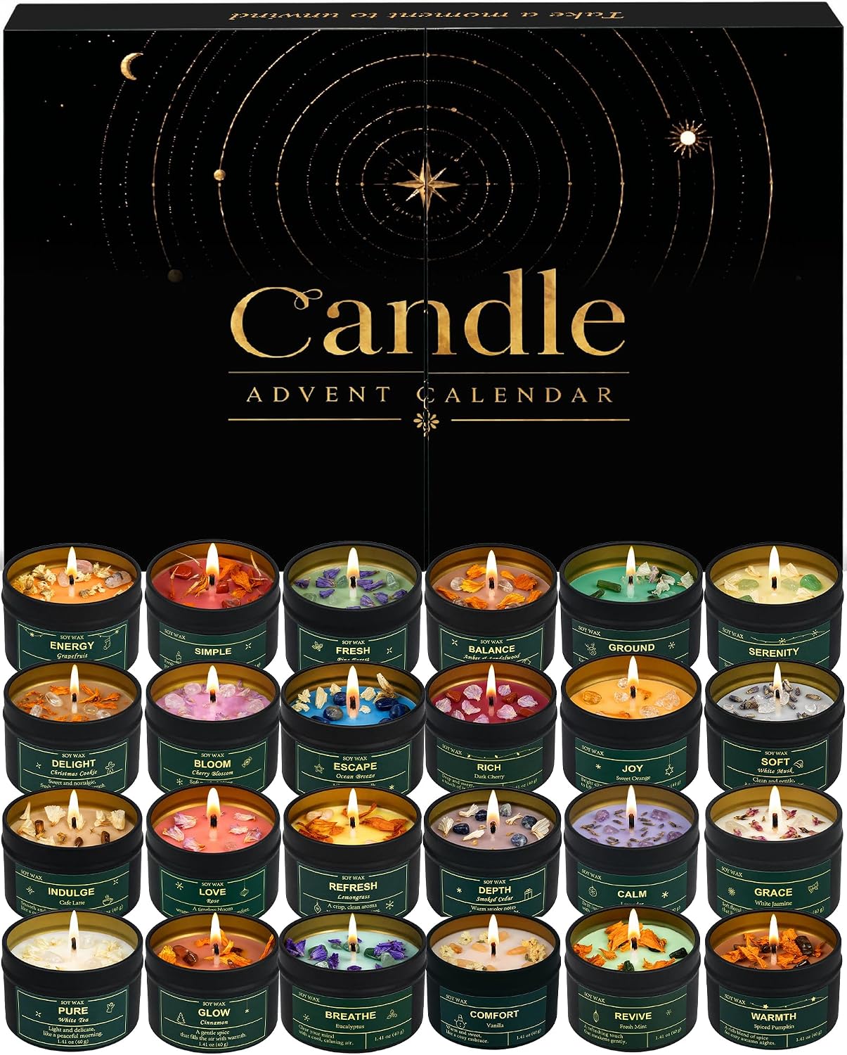 Black Candle Advent Calendar box with twenty-four small lit tin candles arranged in rows beneath it
