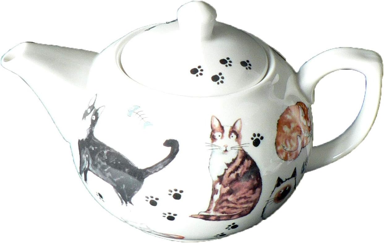 White porcelain two-cup teapot decorated with cats, kittens and little paw prints