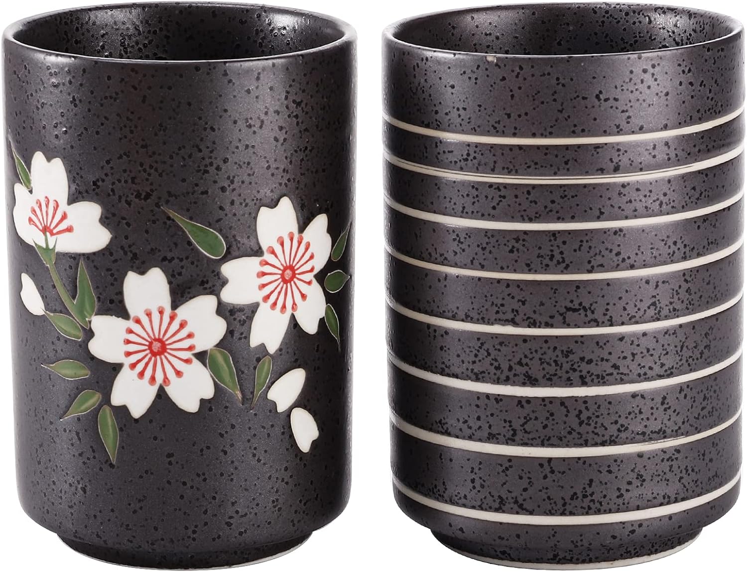 Two tall Japanese ceramic tea cups decorated with pink cherry blossoms