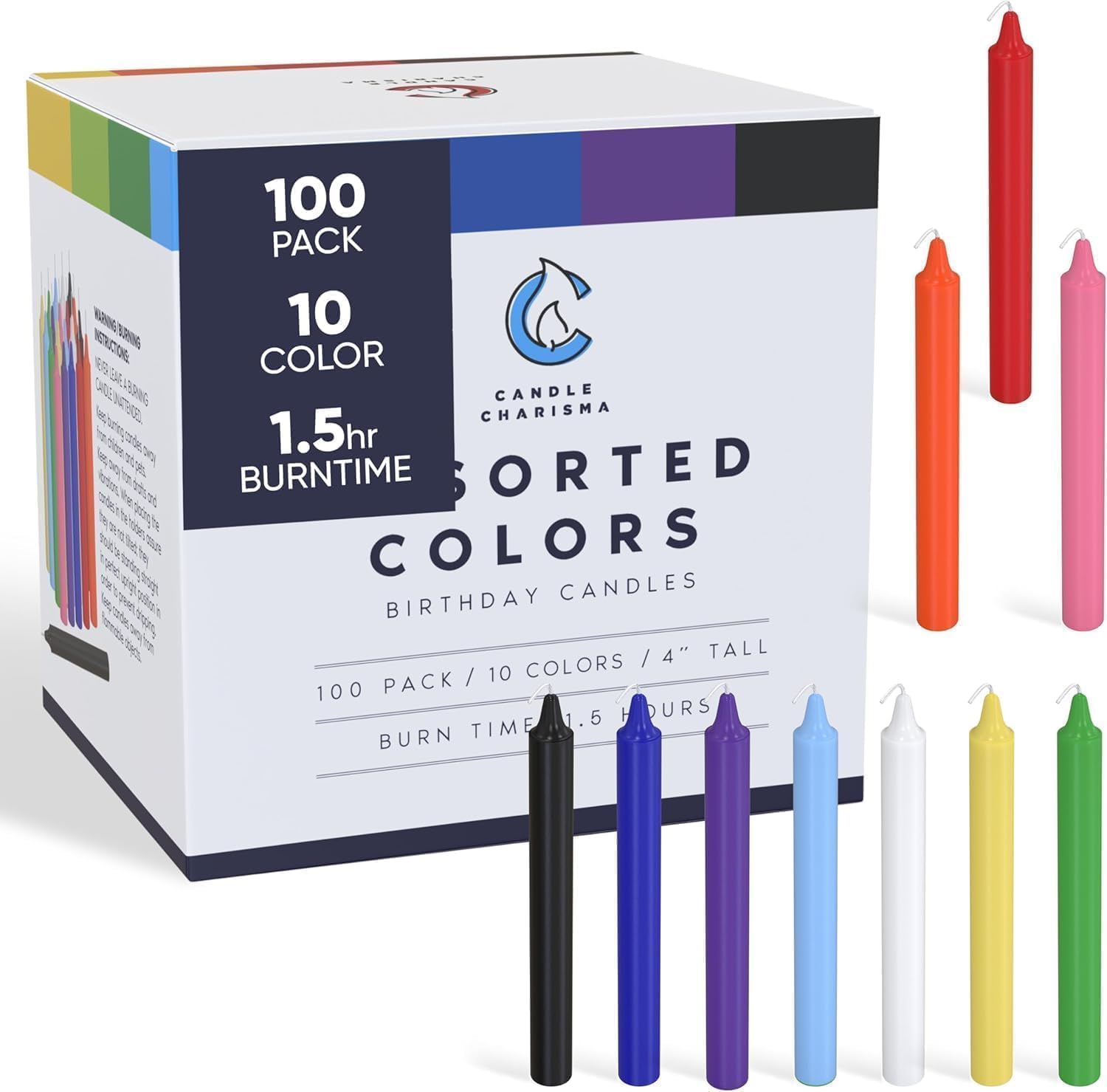 Box of one hundred multicoloured chime spell candles with a row of coloured mini tapers standing in front
