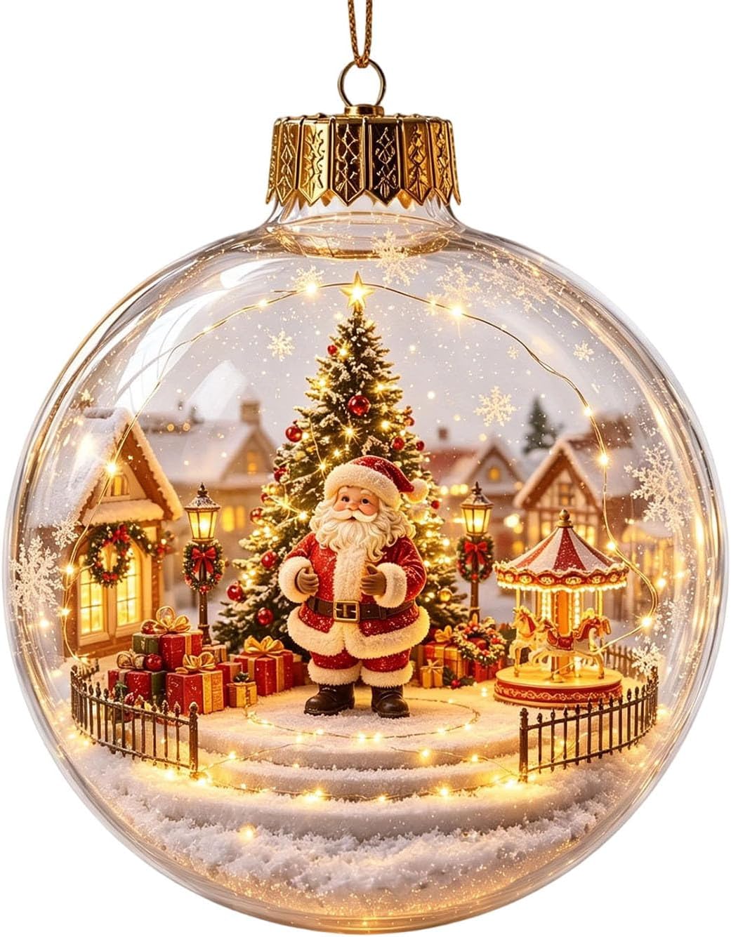 Clear light-up Christmas bauble with a gold cap, holding a miniature snowy village scene with Santa, a lit tree, wrapped presents and a carousel, strung with warm fairy lights