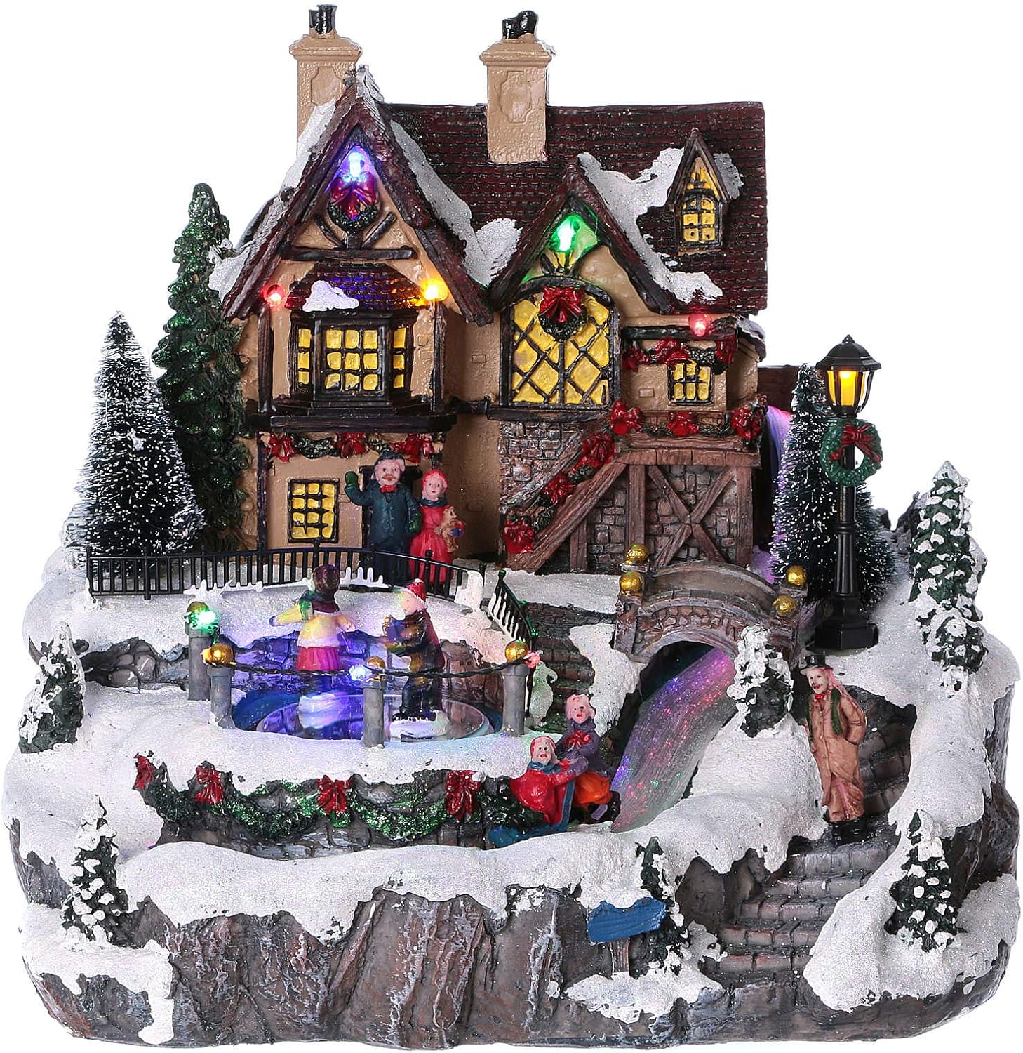 Snow-covered Christmas town scene with a timbered house lit in coloured lights, skaters on a frozen pond, a fibre-optic stream under a stone bridge, a lamppost, and villagers in winter coats