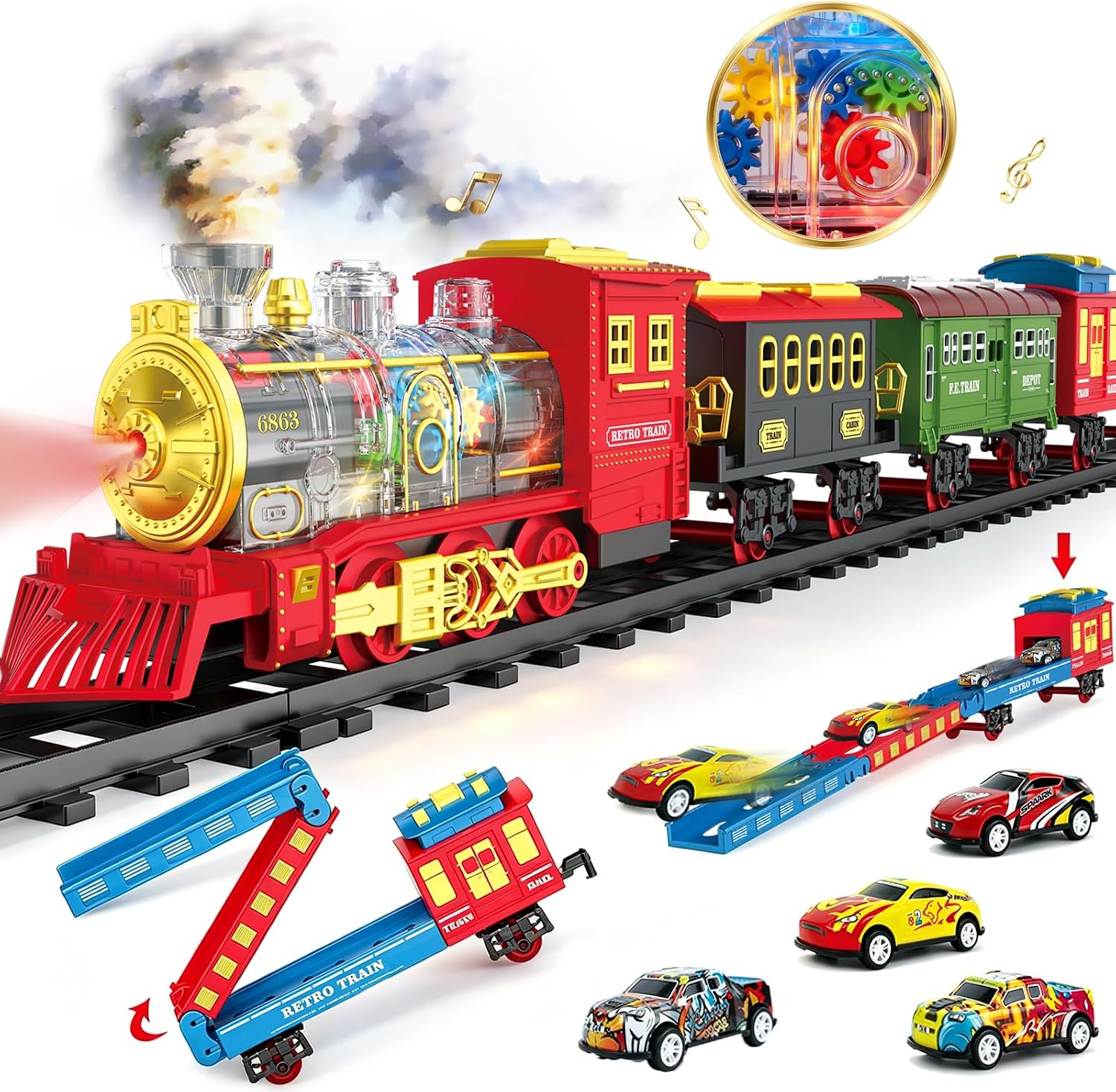 Children's electric train set with a red steam locomotive with see-through gears, puffing water-vapour smoke, black and green passenger coaches, track, and a fold-out car launcher carriage with four toy cars