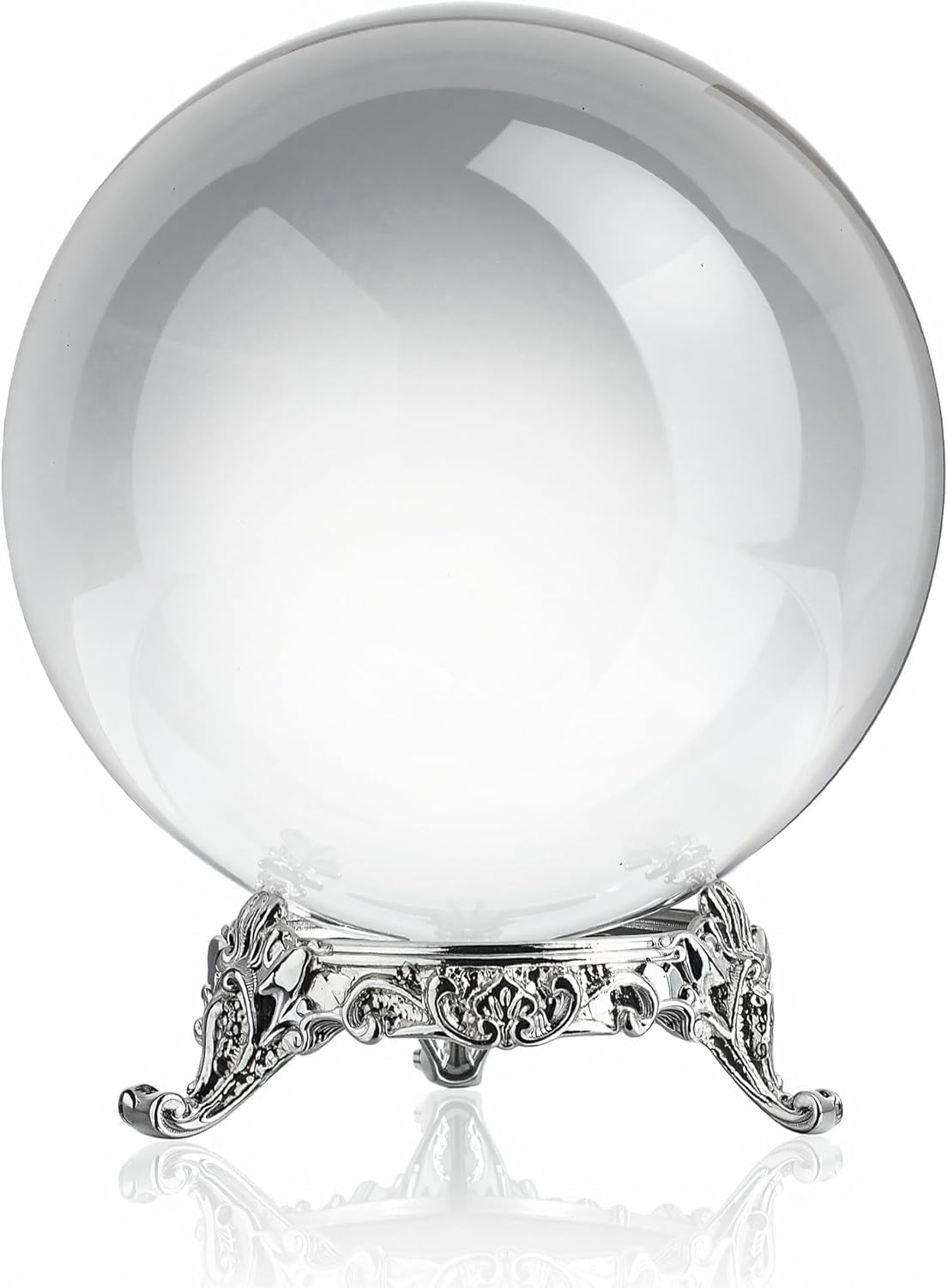 Clear 80mm crystal ball on an ornate silver-tone stand