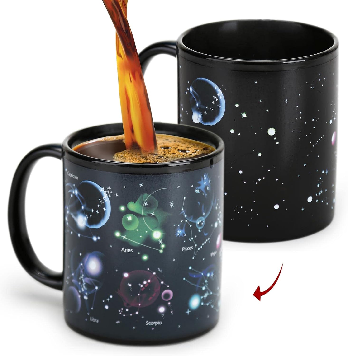 Black heat-change mug revealing coloured zodiac constellations as hot coffee is poured in