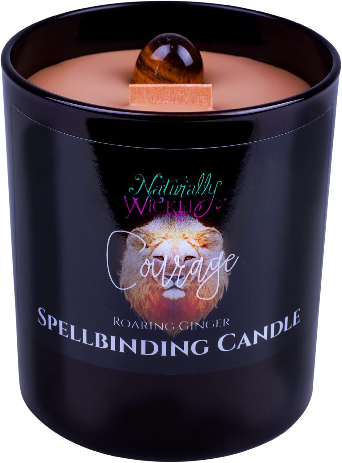 Naturally Wicked Spellbinding Courage Candle in a glossy black glass jar with a lion label, Roaring Ginger scent, with a tiger's eye crystal set in the wax beside a wooden wick