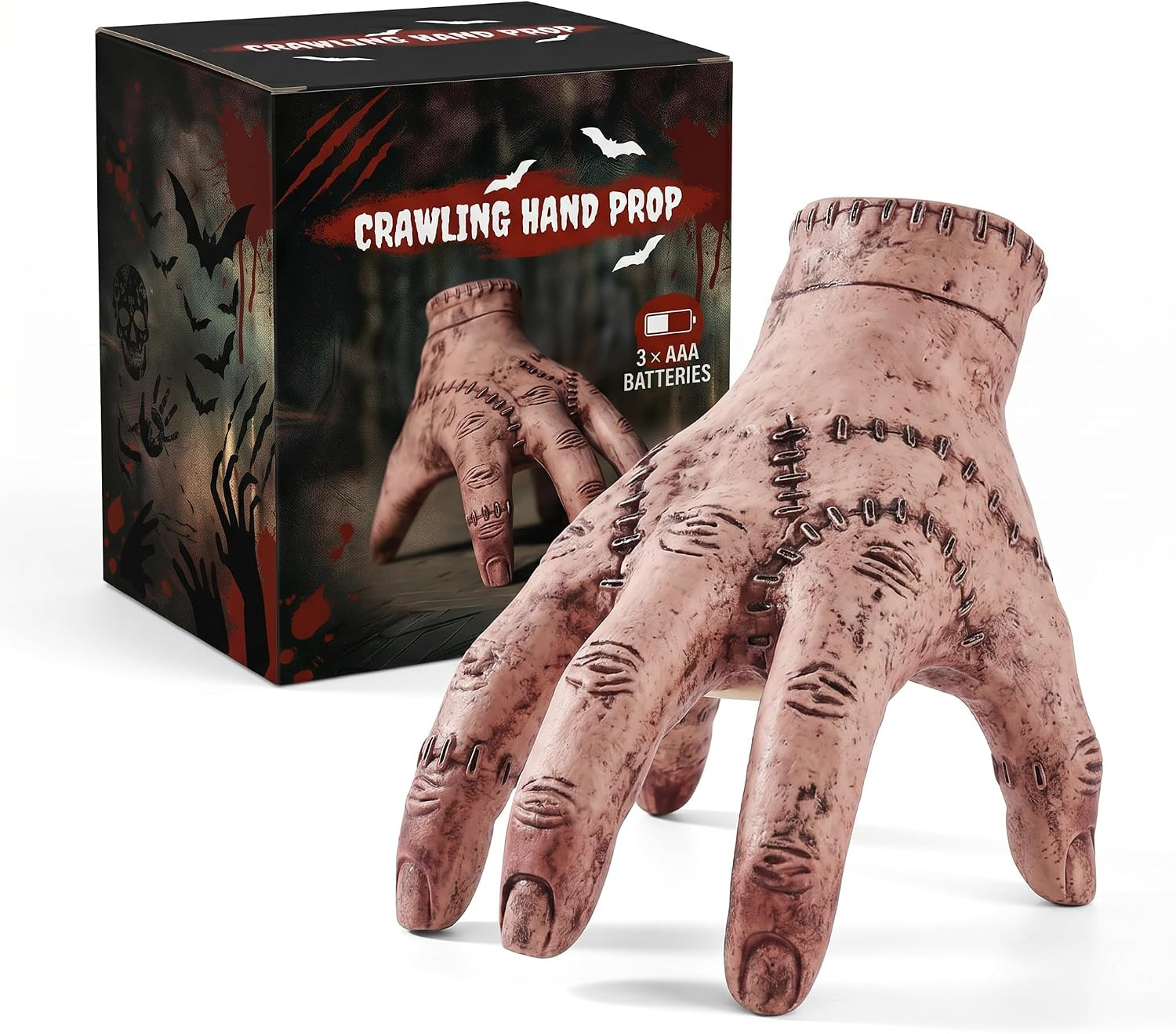 Animatronic crawling hand prop with touch and sound activation for Halloween haunted displays