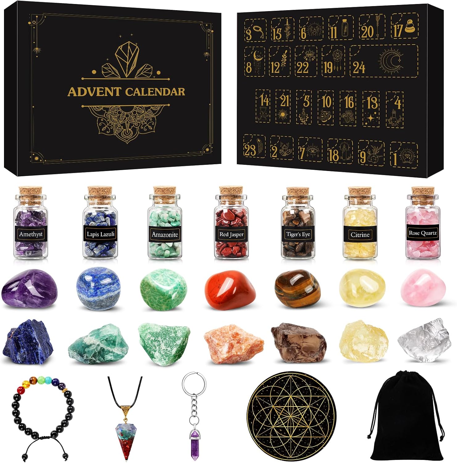 Black and gold crystal advent calendar shown with its contents: corked jars of crystal chips, tumbled and raw stones, a chakra bracelet, a pendulum pendant and a velvet pouch