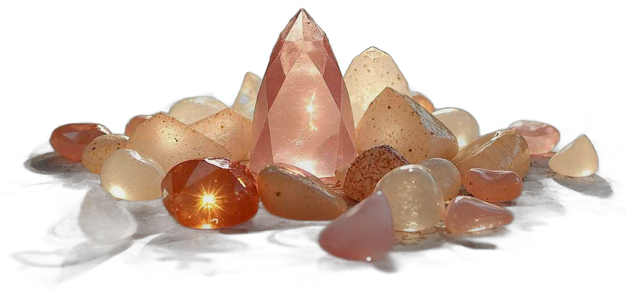 A cluster of rose quartz, carnelian, and moonstone crystals catching warm light