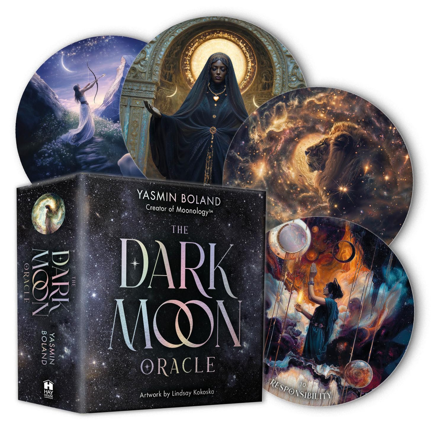 The Dark Moon Oracle box by Yasmin Boland with round illustrated cards of veiled figures and night skies around it
