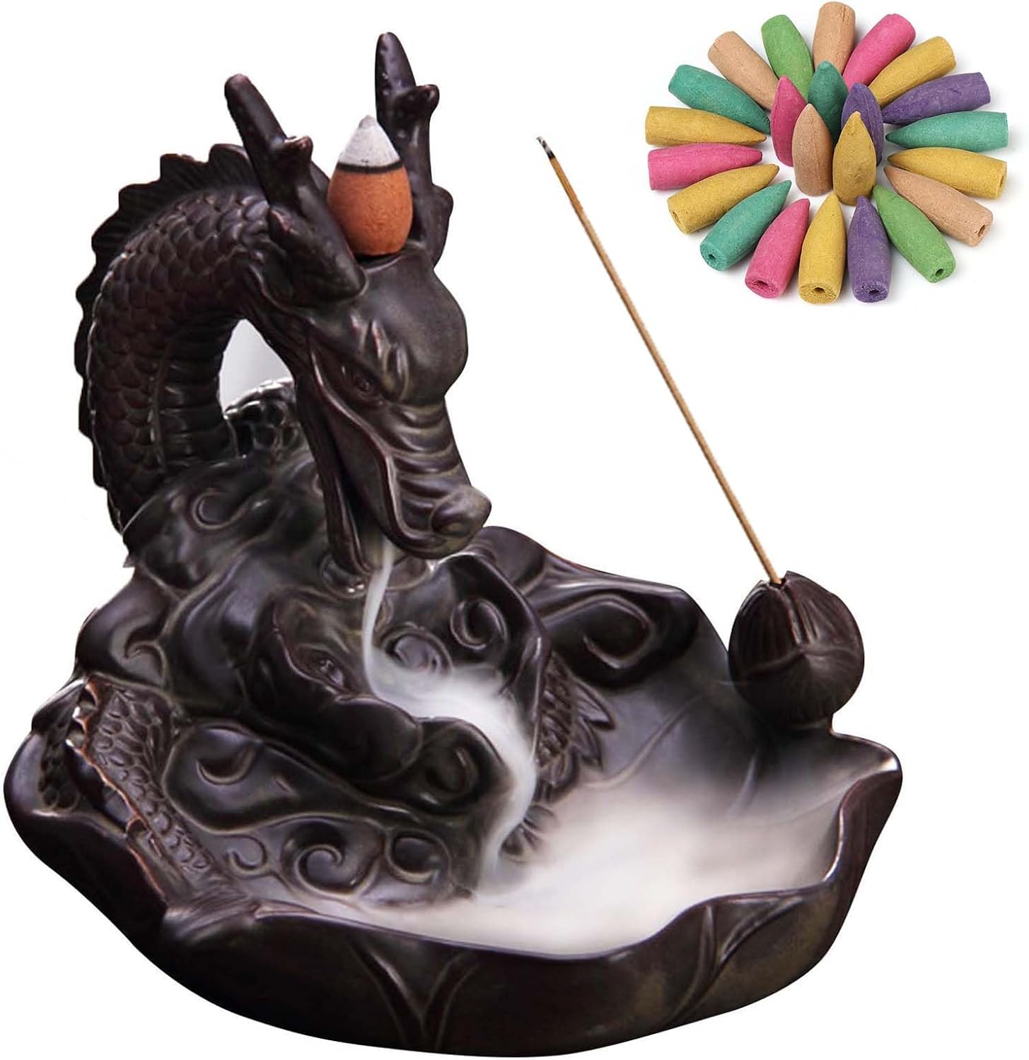 Black ceramic backflow incense burner shaped like a coiled dragon on a rocky base, smoke pouring down from a cone in its mouth, shown with a ring of coloured backflow cones