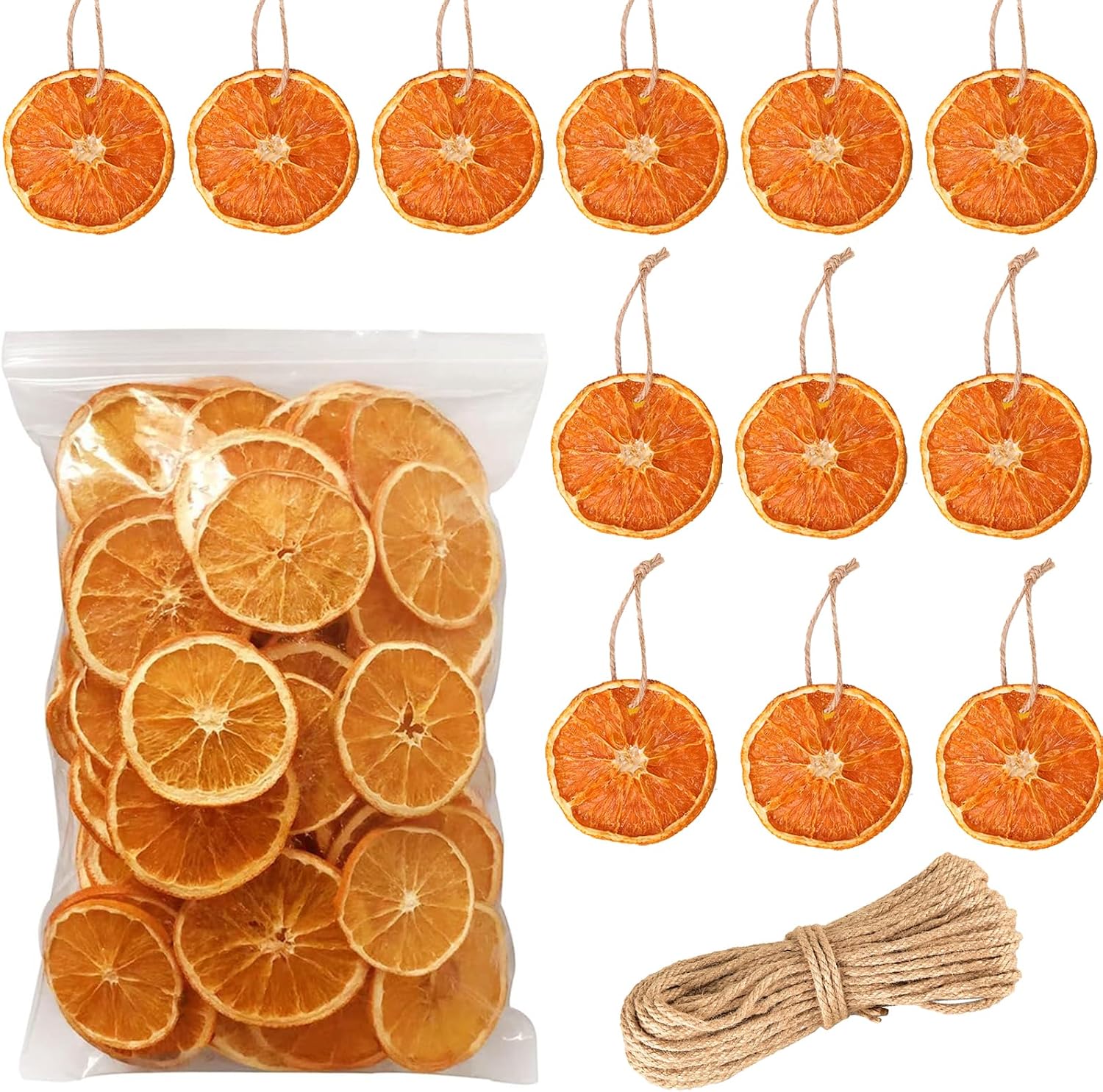 Pile of dried orange slices with hemp twine