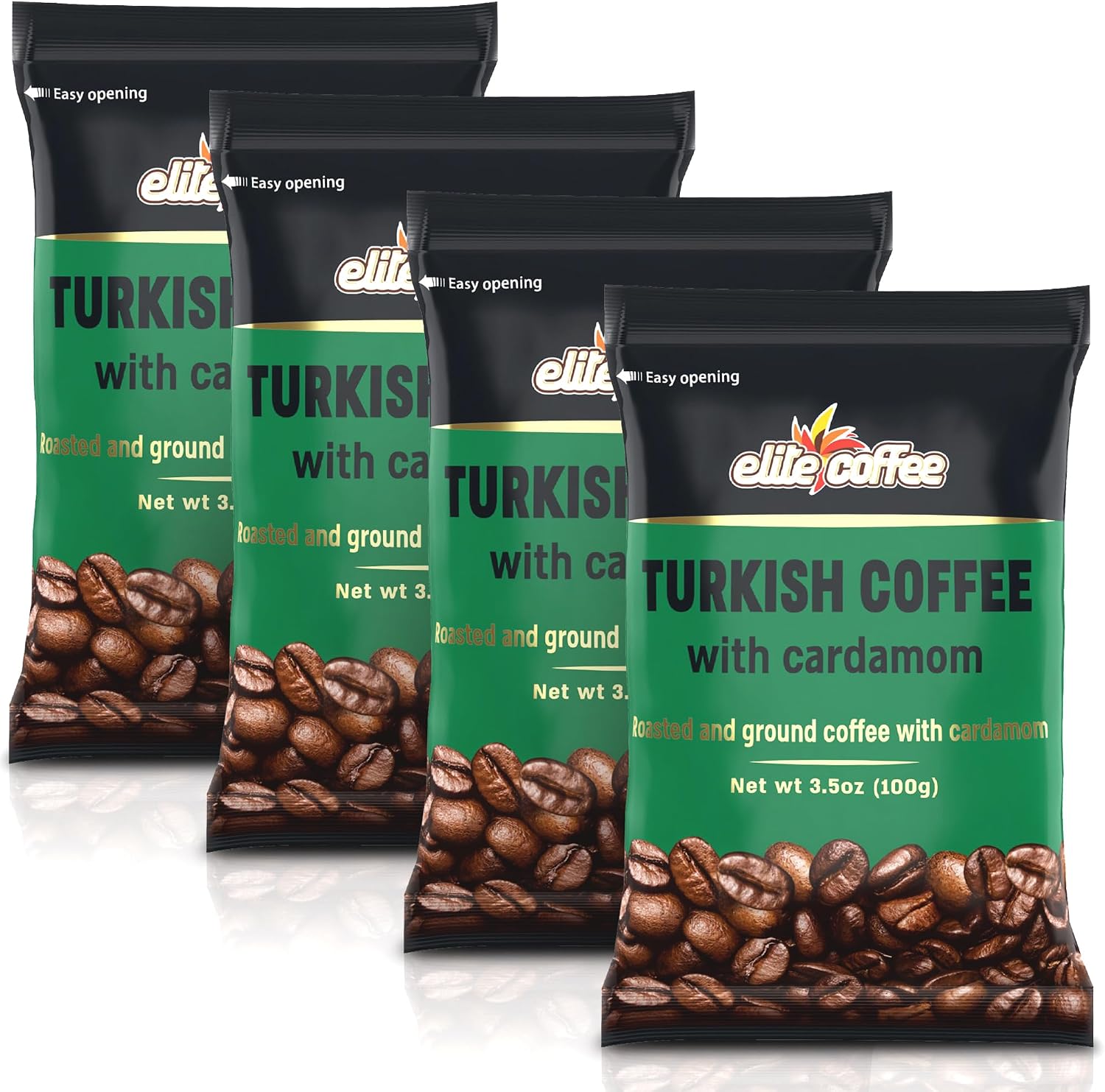 Four green bags of Elite Turkish coffee with cardamom