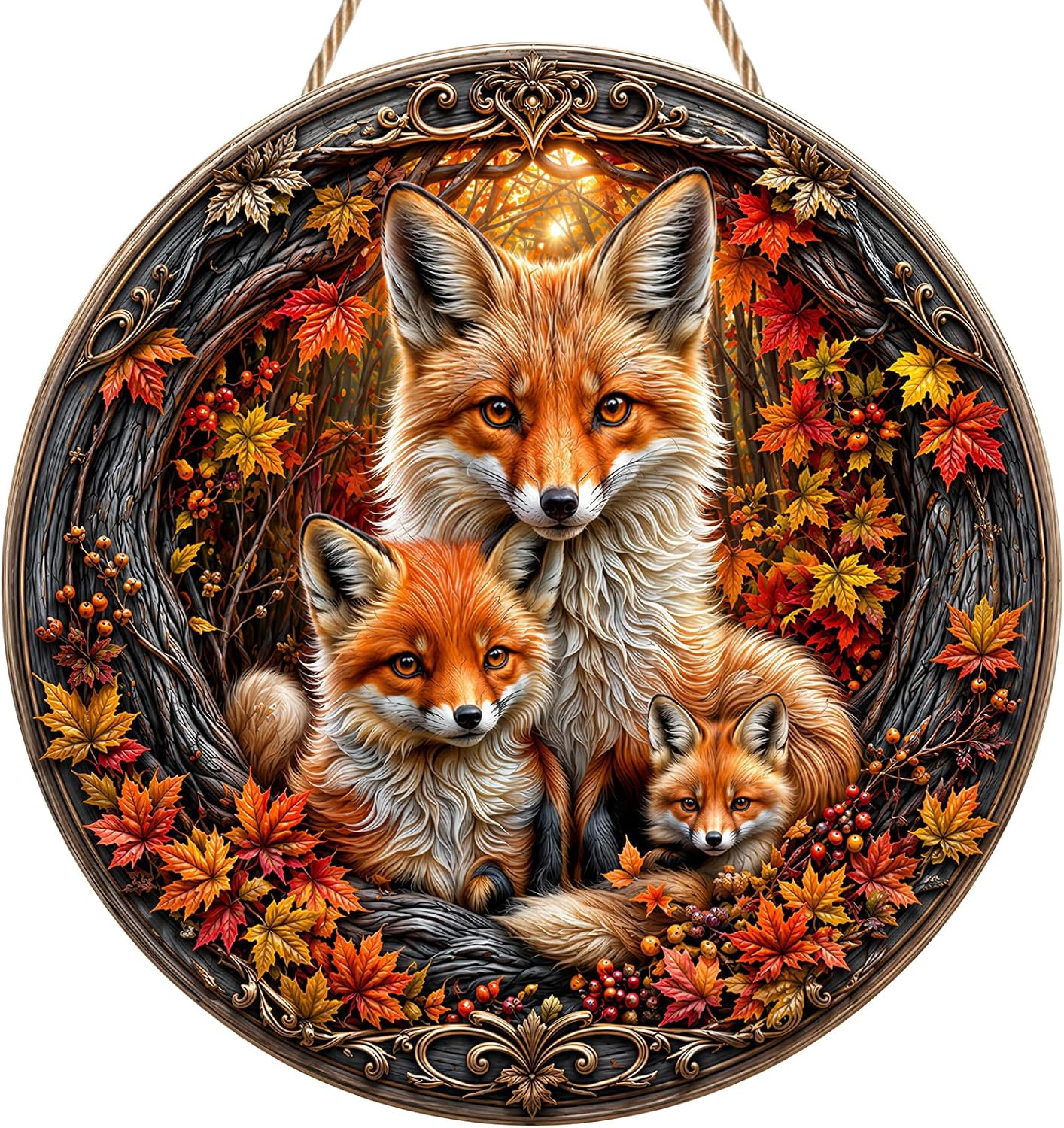 Vintage-style round wooden hanging plaque of a fox and cubs among autumn leaves