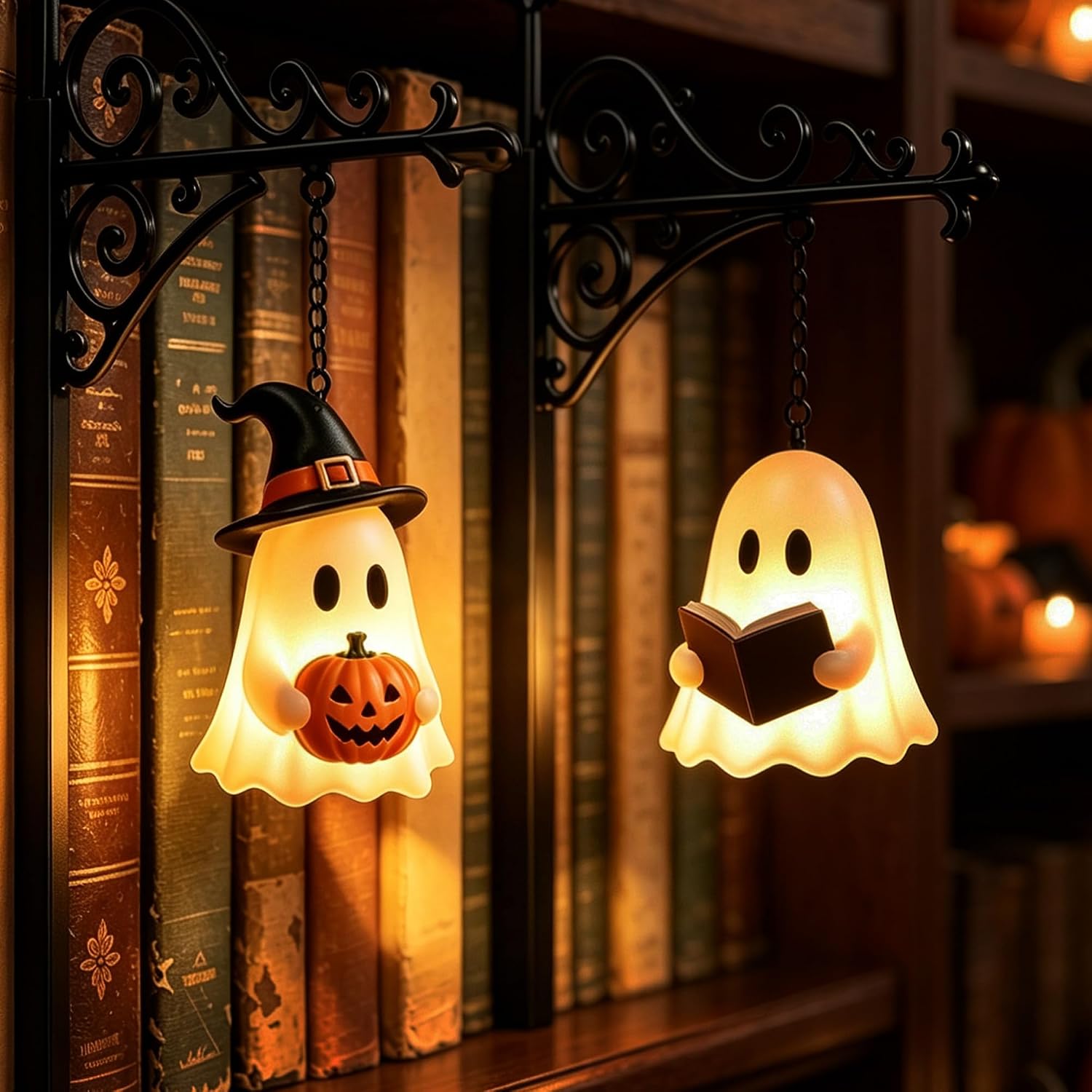 Two glowing ghost bookshelf lamps hanging from wrought-iron brackets between old books, one in a witch's hat holding a jack-o'-lantern, the other reading a little book