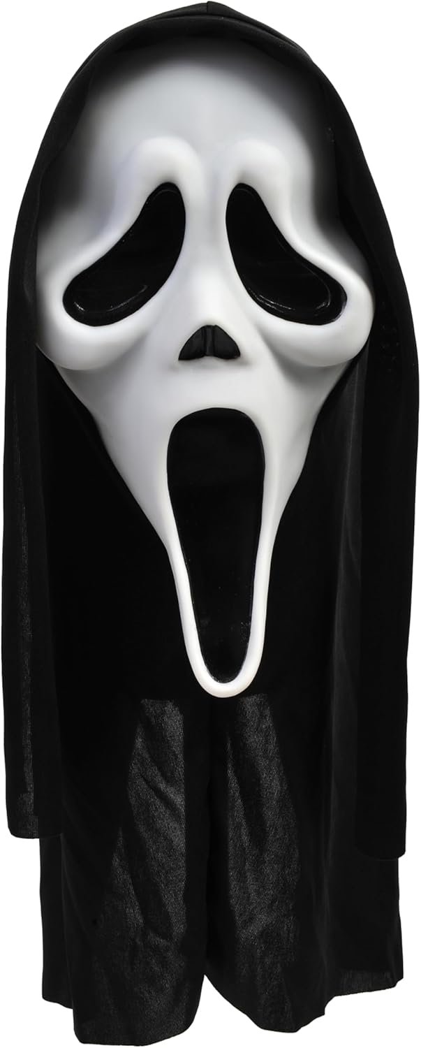 Fun World Ghost Face mask from Scream, a white elongated screaming face mask with a long black hooded shroud attached